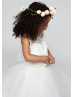 Ivory Lace Tulle Pearl Buttons Back Tea Length Flower Girl Dress